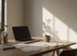 میز کار مینیمالیستی با لپتاپ و قهوه