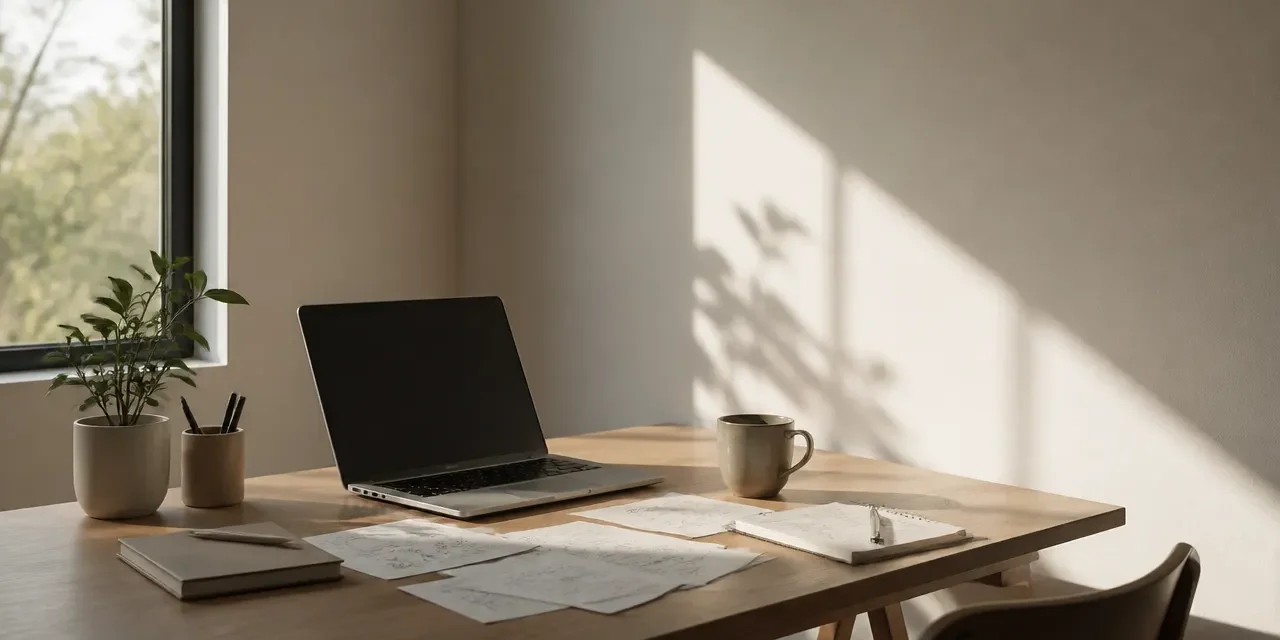 میز کار مینیمالیستی با لپ‌تاپ و قهوه