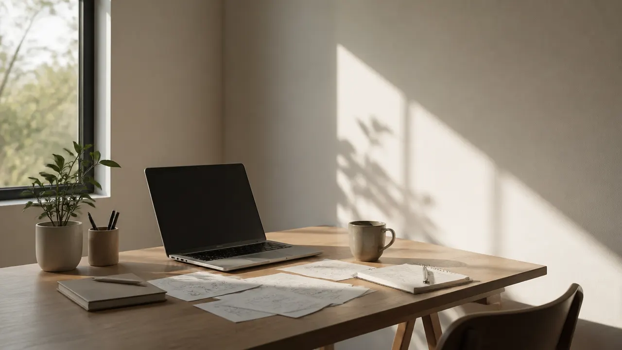 میز کار مینیمالیستی با لپ‌تاپ و قهوه